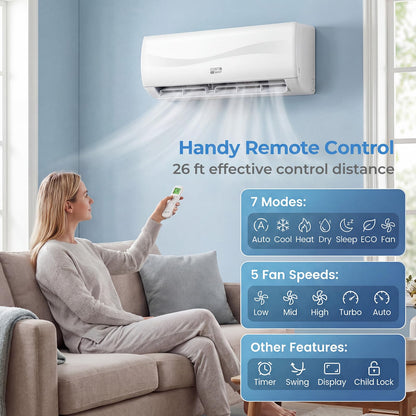 17 SEER2 12000 BTU 208-230V Mini Split Air Conditioner & Heat Pump System, Features R32 refrigerant,Works with Remote control,Complete installation kit,for Rooms up to 750 Sq.Ft