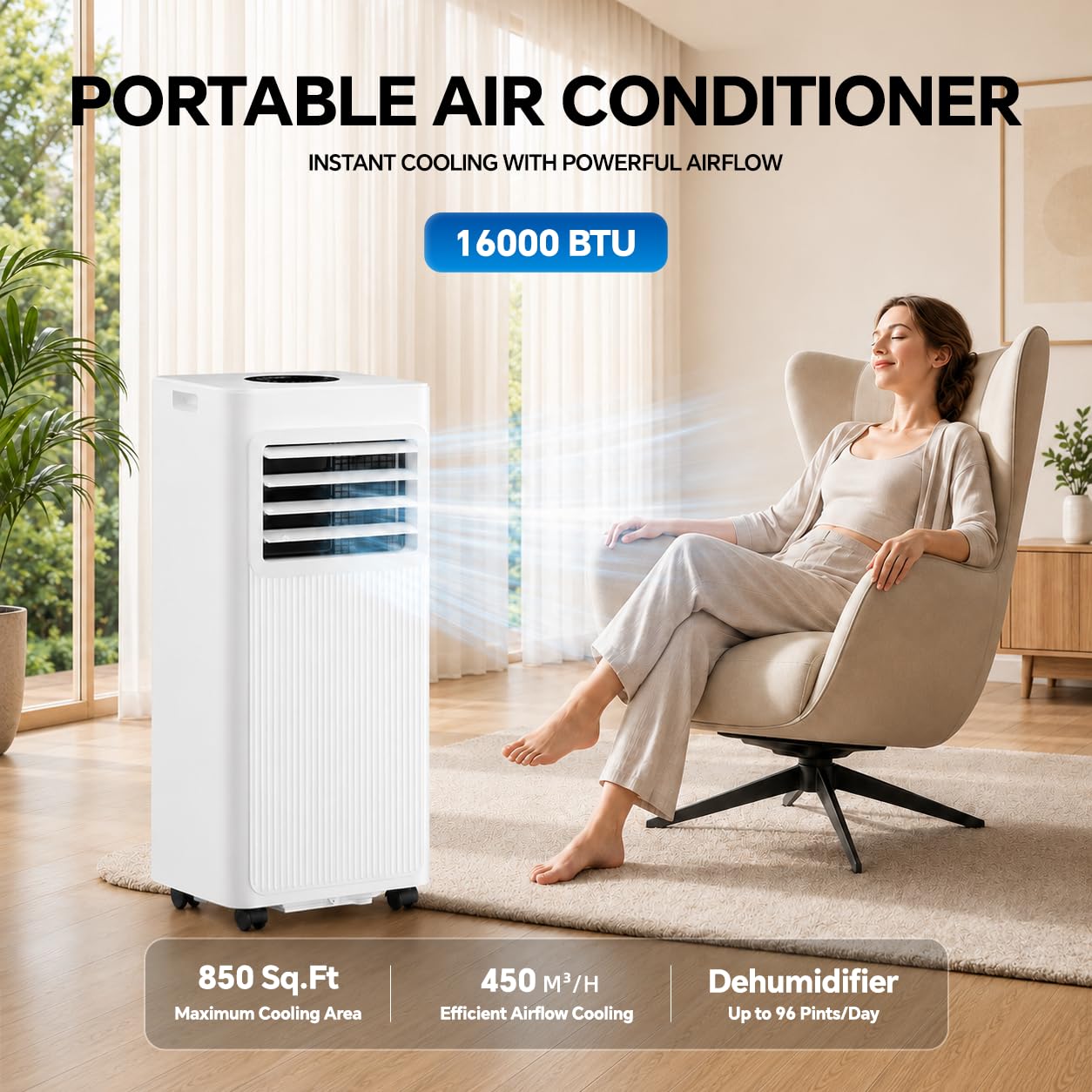 Portable Air Conditioner, 16000 BTU 5-in-1 Air Conditioner Portable with Smart WiFi & Remote, Cools Up to 850 Sq.Ft, Portable AC Unit with Cool, Fan, Dehumidifier, Sleep, 24H Timer, Installation Kit
