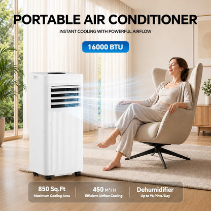 Portable Air Conditioner, 16000 BTU 5-in-1 Air Conditioner Portable with Smart WiFi & Remote, Cools Up to 850 Sq.Ft, Portable AC Unit with Cool, Fan, Dehumidifier, Sleep, 24H Timer, Installation Kit