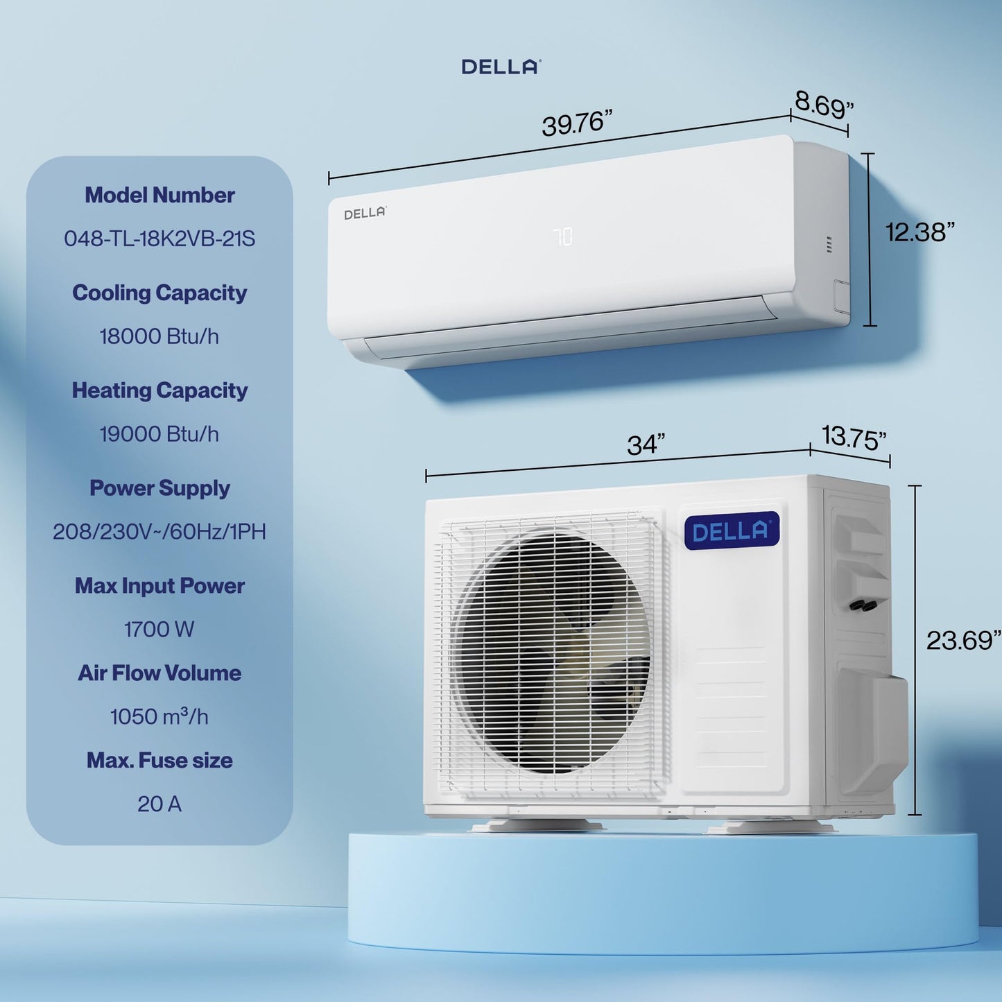 Vario Series 18000 BTU Wifi Mini Split AC, Work with Alexa 21 SEER2 Cools Up to 1000 Sq.Ft, Energy Efficient 230V Ductless Inverter System with 1.5 Ton Pre-Charged Heat Pump & 16.4ft Kit
