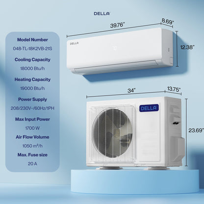 Vario Series 18000 BTU Wifi Mini Split AC, Work with Alexa 21 SEER2 Cools Up to 1000 Sq.Ft, Energy Efficient 230V Ductless Inverter System with 1.5 Ton Pre-Charged Heat Pump & 16.4ft Kit