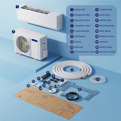 Vario Series 18000 BTU Wifi Mini Split AC, Work with Alexa 21 SEER2 Cools Up to 1000 Sq.Ft, Energy Efficient 230V Ductless Inverter System with 1.5 Ton Pre-Charged Heat Pump & 16.4ft Kit